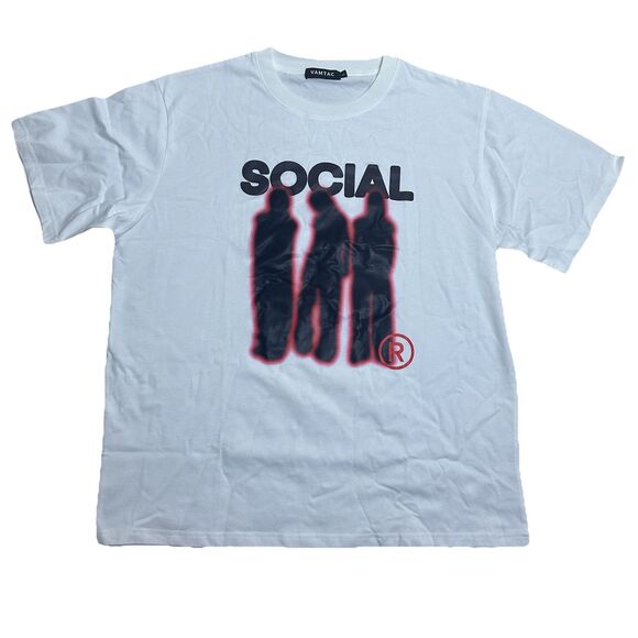 VAMTAC Mens Large White Social Graphic Tee Oversized 100% Cotton New Stitch Flaw - Picture 1 of 9